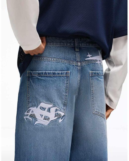 Bershka Blue Embroidered Neobarrel Jeans for men