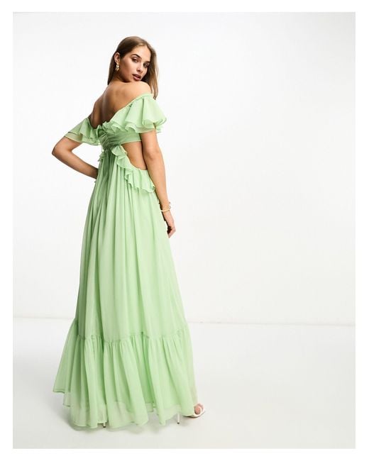 ASOS Off-shoulder Maxi-jurk Met Uitgesneden Ruches En Ongelijke Zoom in het Green