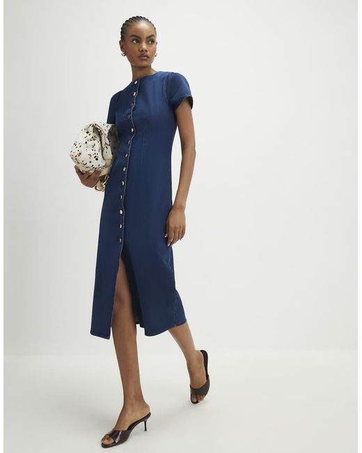 River Island Blue Denim Button Cap Sleeve Midi Dress