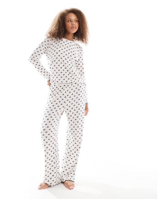 Loungeable White Super Soft Ribbed Bow Print Pajama Set