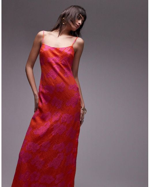 TOPSHOP Red Premium Jacquard Midi Slip Dress