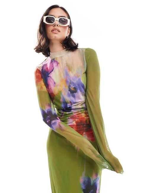 EDITED Midi Jurk Van Mesh Met Lange Mouwen En Bloemenprint in het Green