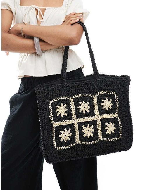 New Look Black Flower Raffia Tote Bag