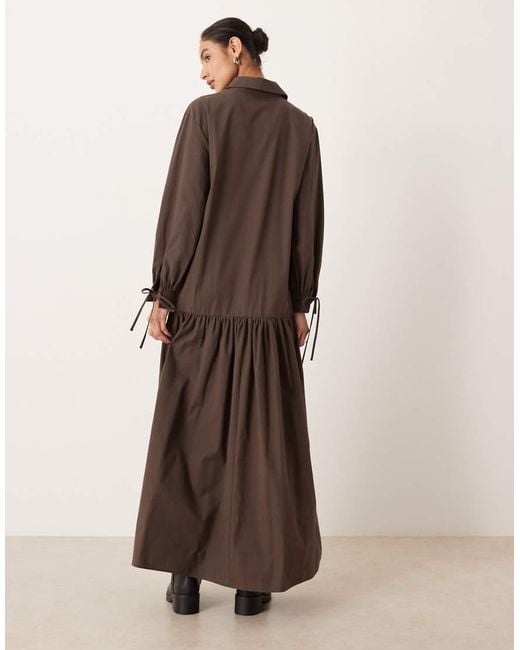 ASOS Brown Long Sleeved Tie Detail Maxi Shirt Dress
