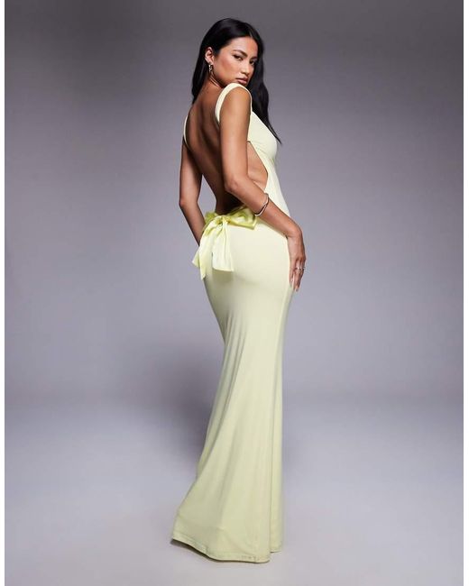 Tiger Mist Gray Zita Square Neck Open Scoop Back Satin Bow Detail Maxi Dress