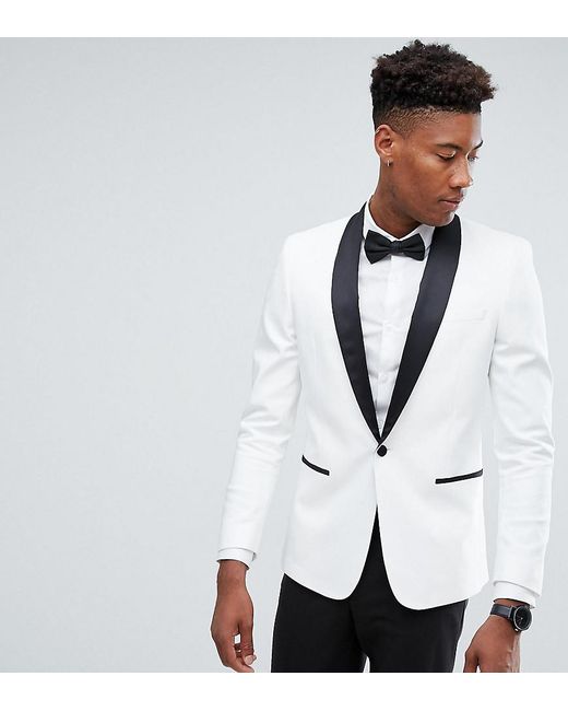 ASOS Tall Slim Tuxedo Suit Jacket In White With Black Contrast Lapel for men