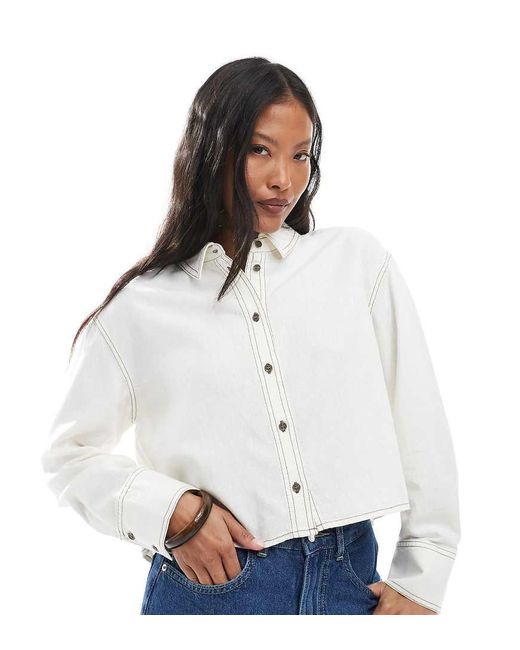 Only Petite White Linen Cropped Shirt With Contrast Stitch