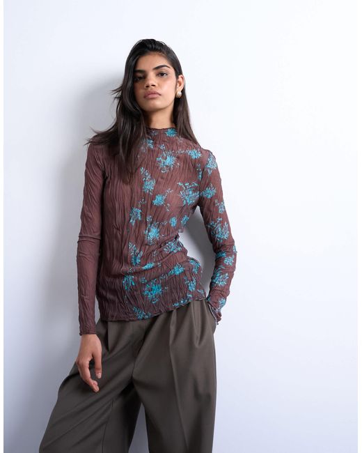 TOPSHOP Purple Spliced Crinkle Mesh Long Sleeve Top