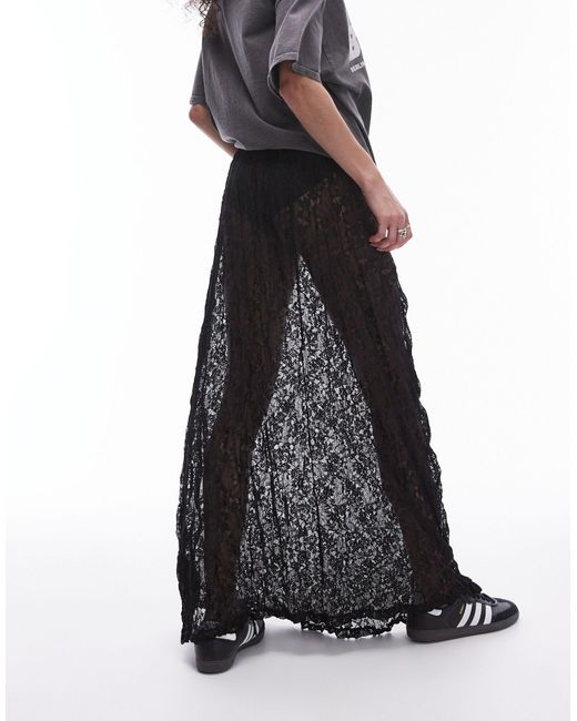 TOPSHOP Black Sheer Lace Crinkle Column Midi Skirt With Elasticated Waist