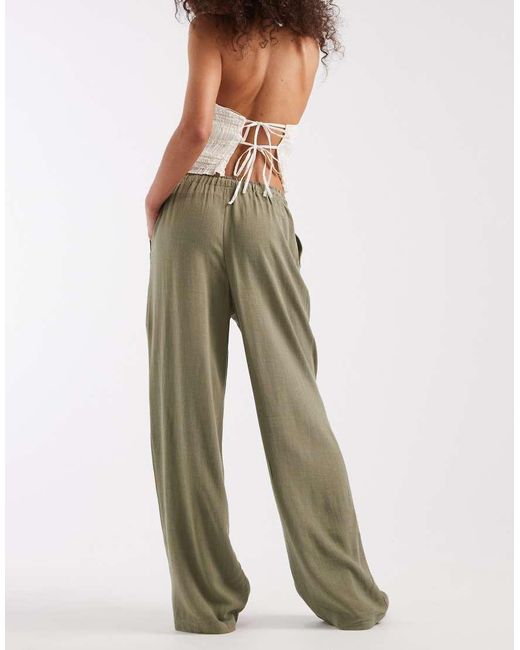 ONLY Green Linen Mix Pull On Wide Leg Trouser