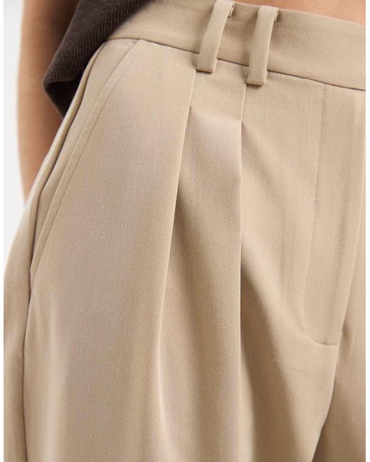 ASOS Natural Tailored Wide Leg Trousers With Pleat Detail