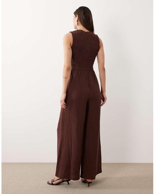 Nobody's Child Brown Jayda Cotton V-neck Shirred Bodice Wide Leg Jumpsuit