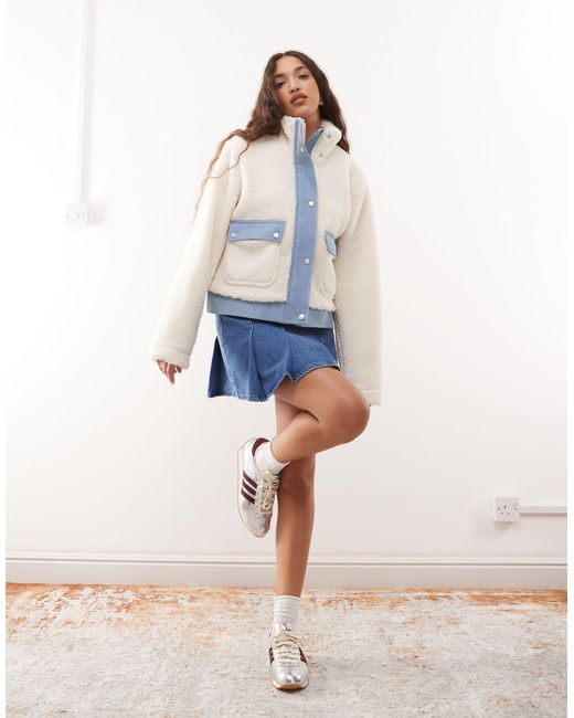 Noisy May Blue Sherpa Bomber Jacket With Denim Insert