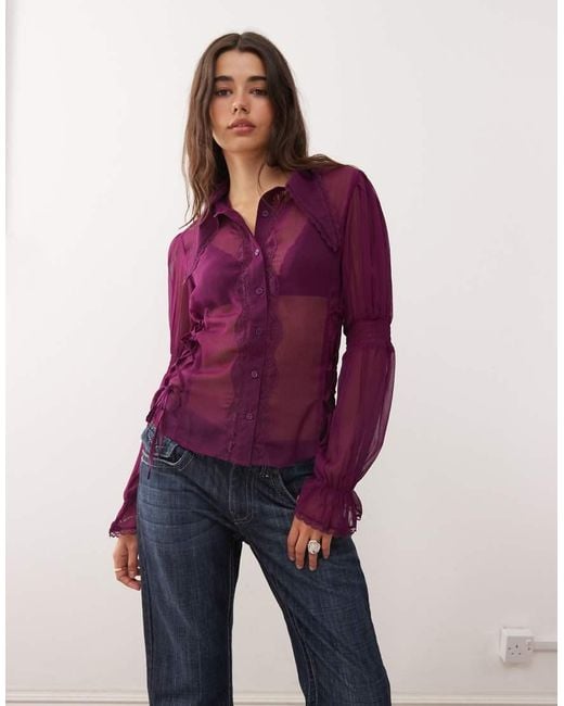 Reclaimed Vintage Purple Sheer Shirt With Lace Up Sides And exaggerated Collar