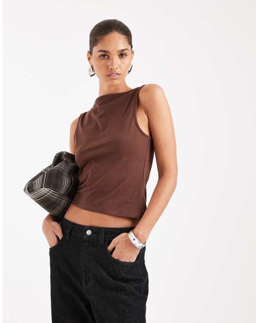ASOS Brown Cotton Sleeveless Boat Neck Tank With Asymmetric Hem