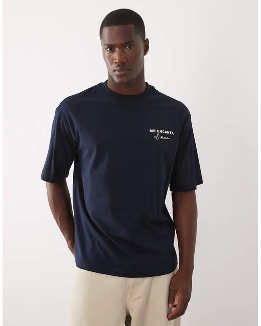 SELECTED Blue Relaxed Fit T-shirt With Marine Stamp Backprint for men