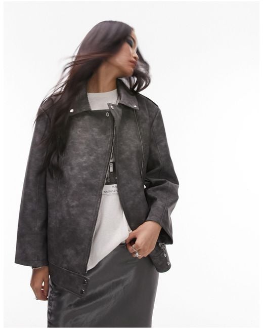 TOPSHOP Gray Faux Leather Washed Look Easy Oversized Biker Jacket