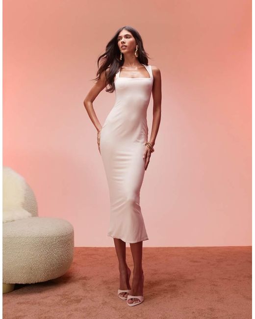 Oh Polly Pink Ainslee Square Neck Midi Dress