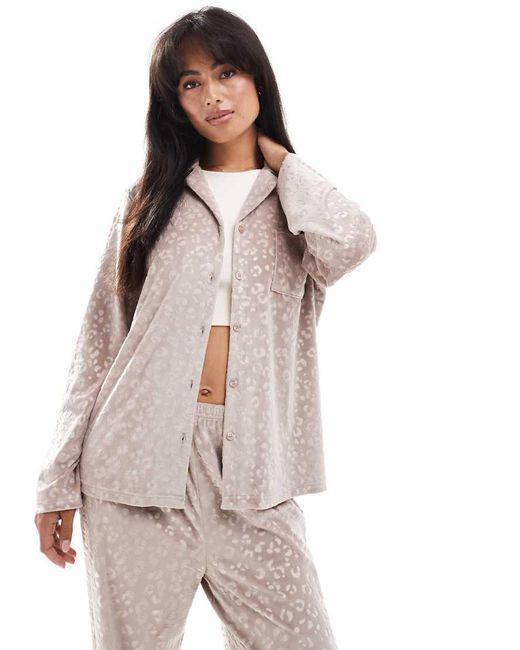 Loungeable White Leopard Velour Long Sleeve Buttoned Pyjamas Trouser Set