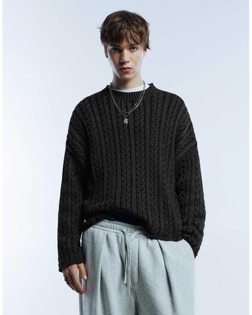 Pull&Bear Black Acid Wash Cable-knit Sweater for men