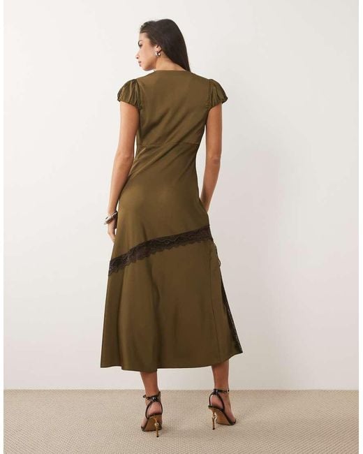 Nobody's Child Natural Gloria Satin And Lace Mix V Neck Split Front Maxi Dress