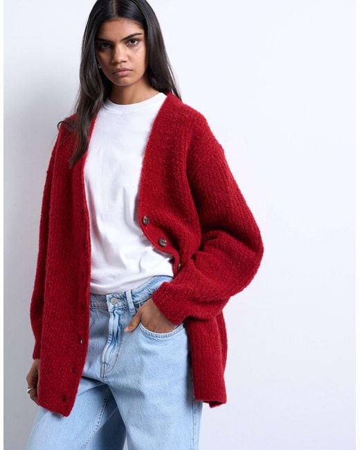 TOPSHOP Red Knitted Oversized Ultimate Boyfriend Cardigan