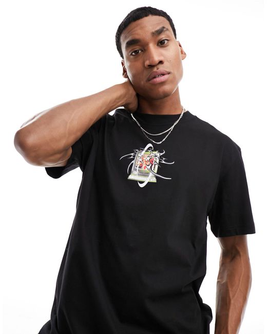 Weekday Black Oversized T-shirt With Computer Graphic Print for men