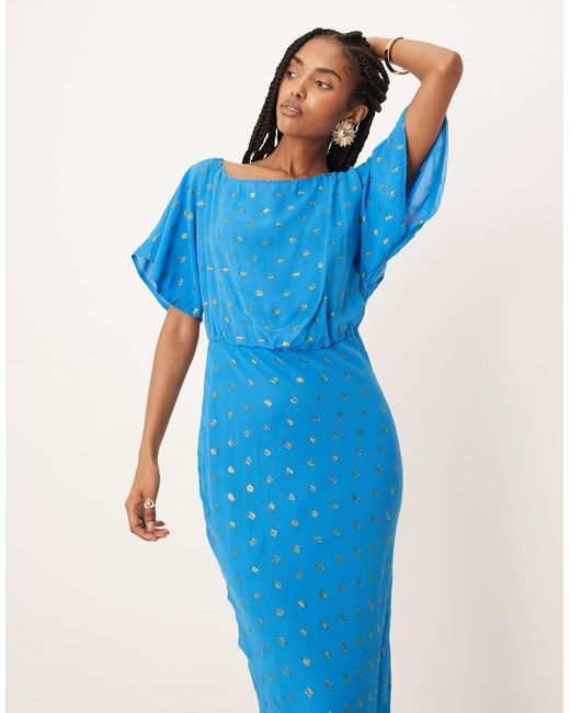 Never Fully Dressed Blue Emma Metallic Plissé Maxi Dress