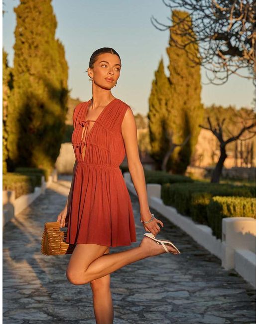 The Frolic Orange Exclusive Linen Feel Tie Front Shir Mini Dress