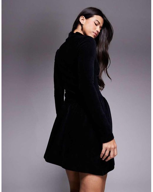 ASOS High Neck Long Sleeve Cord Mini Dress in Black | Lyst UK