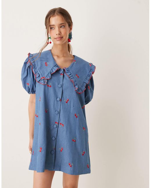 Sister Jane Blue Cherry Embellished Oversized Collar Mini Dress Co-ord
