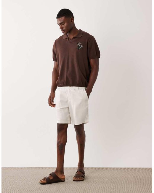 ASOS Brown Oversized Knitted Short Sleeve Notch Neck Polo With Flower Embroidery for men