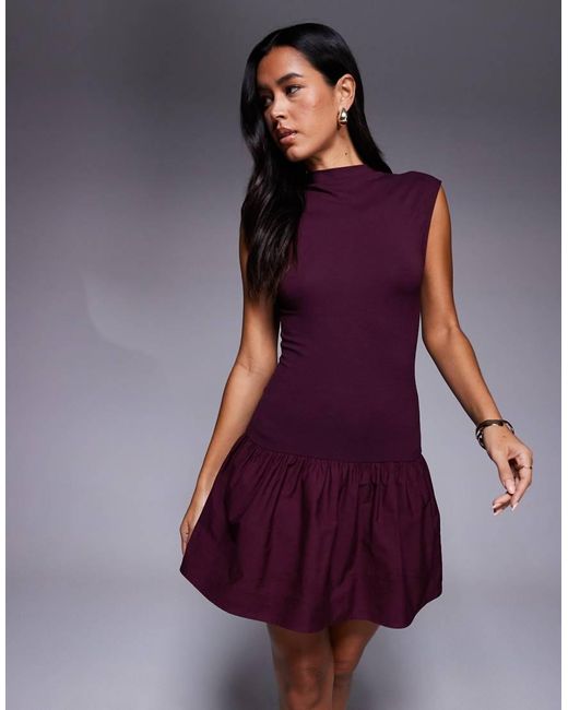 ASOS Purple Grown On Neck Mini Dress With Poplin Mix Skirt