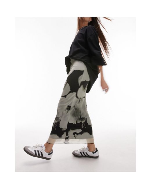 TOPSHOP Black Floral Crinkle Plisse Midi Skirt