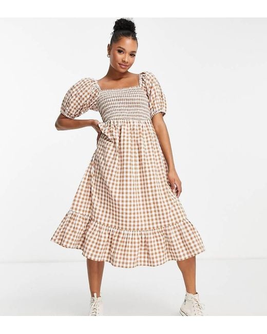Influence Natural Petite Square Neck Puff Sleeve Beach Dress