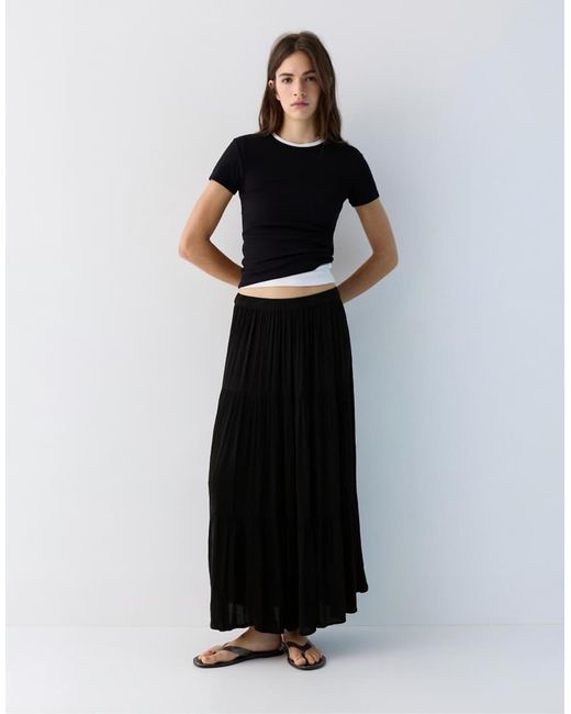 Pull&Bear Midi Rok Met Panden in het Black