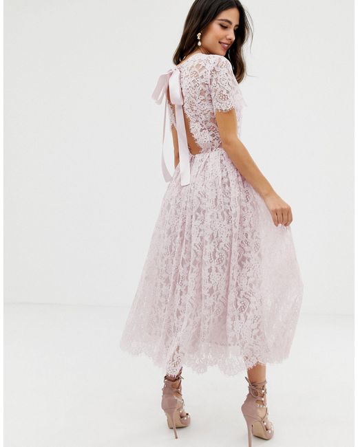 ASOS Pink Lace Midi Dress With Ribbon Tie And Open Back