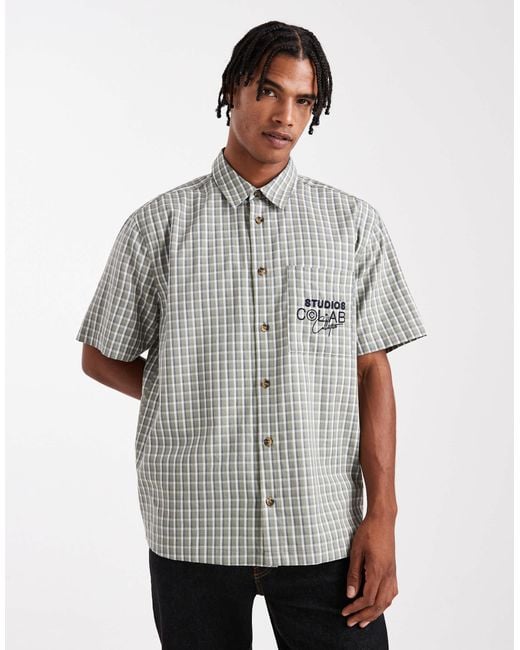 ASOS Gray Relaxed Checked Shirt With Chest Embroidery for men