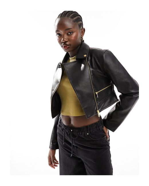 ASOS Black Super Cropped Faux Leather Jacket With Gold Detailing