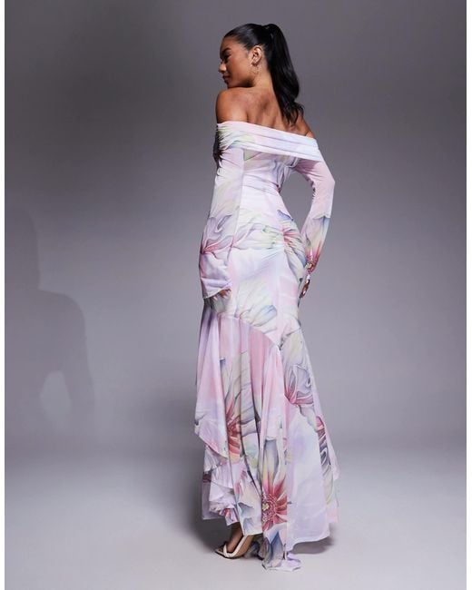 ASOS Purple – langärmliges maxikleid aus stretch-chiffon mit blumenmuster, carmen-ausschnitt und rüschensaum
