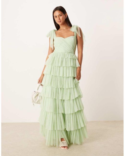 LACE & BEADS Green Bow Shoulder Ruffle Maxi Dress