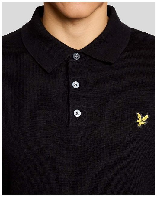 Lyle & Scott Black Cotton Merino Long Sleeve Knitted Polo for men