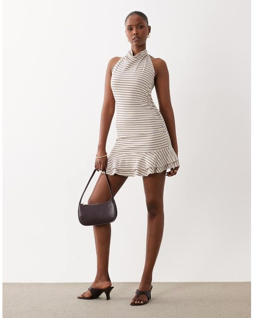 The Frolic Brown Exclusive Cotton Rich Halterneck Cowl Neck Ruffle Hem Mini Dress