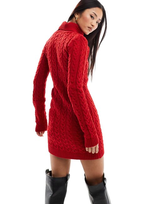 Missy empire - exclusivité - robe pull courte à col roulé en maille torsadée Missy Empire en coloris Red