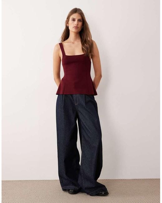 Mango Purple Compact Knit Square Neck Peplum Top
