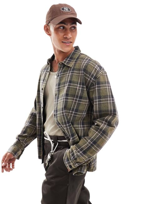 Pull&Bear Gray Acid Washed Check Shirt for men