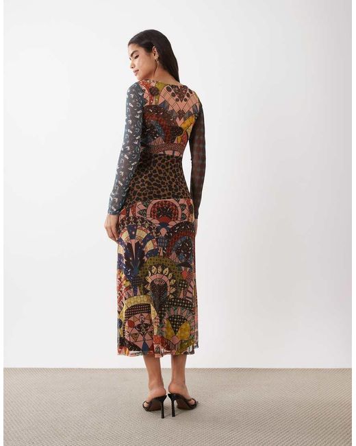 Never Fully Dressed Natural Mesh Long Sleeve High Split Midi Dress