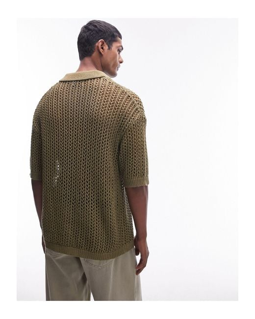 Topman Green Open Knit Crochet Polo for men