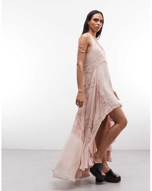 AllSaints Pink Dorina Sleeveless Ruched Asymmetric Ruffle Midi Dress
