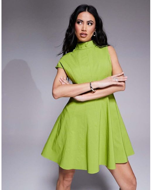 ASOS Green Bengaline High Neck Asymmetric Sleeve Seamed Mini Skater Dress